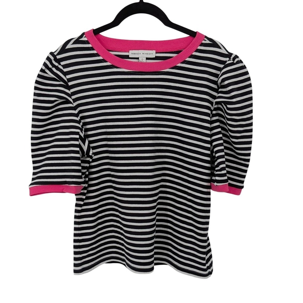 Rebecca Minkoff Top Women Large Black Stripe Puff Sleeve Ribbed Knit Preppy Tee